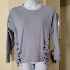 PINK REPUBLIC Sweatshirt Lace Up Design Drop Shoulder Dusty Blue Size L